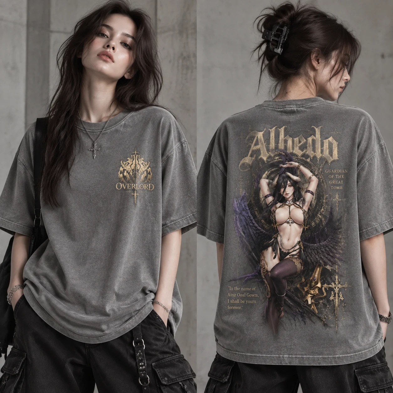 Acid Wash Vintage Graphic T Shirt - Albedo Overlord grafisch T-shirt, dubbelzijdig vintage