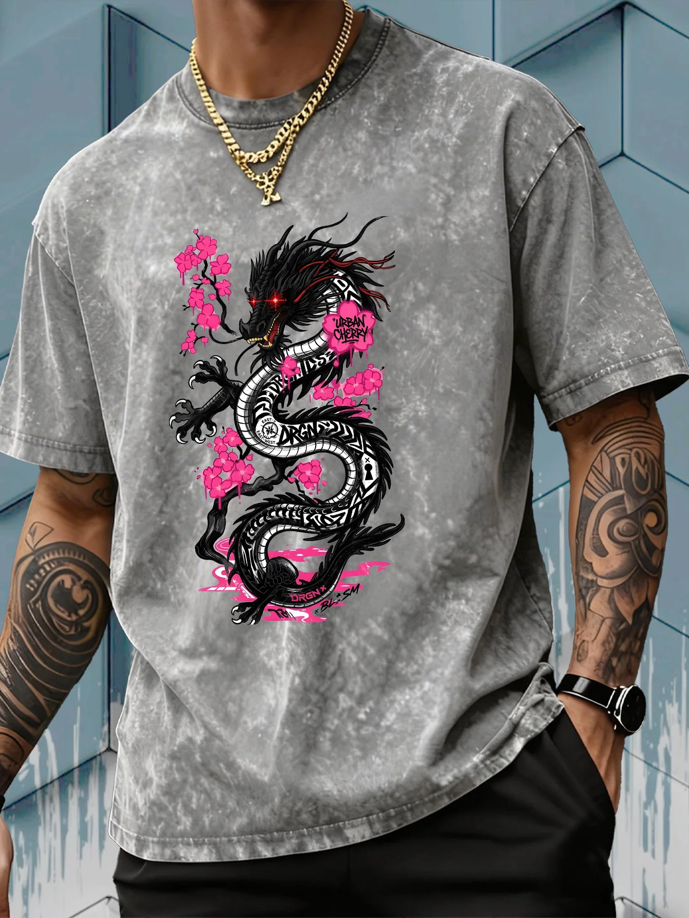 Acid Wash Vintage Graphic T Shirt - Zwart T-shirt voor heren met kersenbloesem-